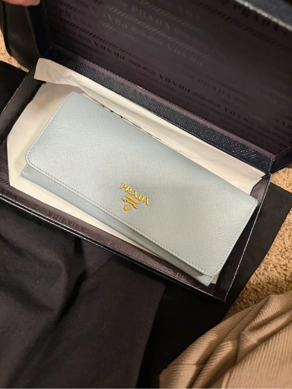 Prada Light Blue Saffiano Leather Continental Wallet with Gold Logo